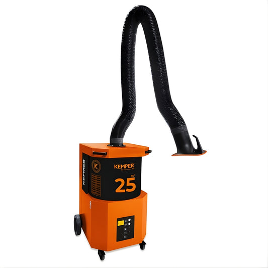 Mobiles Schweißrauch-Absauggerät SmartFil von Kemper in orange-schwarzem Design mit flexiblem Absaugarm und Absaughaube. Das Gerät steht auf Rollen und besitzt eine Anzeige- und Bedieneinheit an der Front.